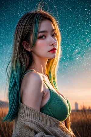 (close-shot photo:1.4) of a beatutiful woman wearing white underwear and cardigan on a open field, embers of memories, colorful, (photo-realisitc), nebula background, nebula theme,exposure blend, medium shot, bokeh, (hdr:1.4), high contrast, (cinematic, teal and green:0.85), (muted colors, dim colors, soothing tones:1.3), low saturation,fate/stay background,yofukashi background,(pureerosface_v1:0.8), (ulzzang-6500-v1.1:0.8),breasts,Beautiful eyes ,ASU1,bare shoulders,dream_girl,EpicSky
