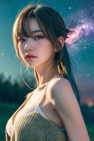 (close-shot photo:1.4) of a beatutiful woman wearing white underwear and cardigan on a open field, embers of memories, colorful, (photo-realisitc), nebula background, nebula theme,exposure blend, medium shot, bokeh, (hdr:1.4), high contrast, (cinematic, teal and green:0.85), (muted colors, dim colors, soothing tones:1.3), low saturation,fate/stay background,yofukashi background,(pureerosface_v1:0.8), (ulzzang-6500-v1.1:0.8),breasts,Beautiful eyes ,ASU1,bare shoulders,dream_girl,EpicSky