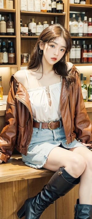 1girl, korean supermodel, solo, has thick ((white long hair)), red leather jacket hangs down naturally, revealing her natural huge breasts, looking at the audience, wearing a high-shoulder sleeveless skirt, a red belt, bare shoulders, wearing a gold Earrings, red high-heeled leather boots, perfect long legs, bright blue eyes, heavy makeup and red lips, she sat at the bar.
