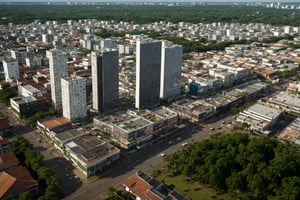 masterpiece,  best quality,  highres,  landscape, city, town, Brazil, Manaus, tall buildings, daytime, plain terrain, trees