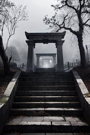 black and white photoreal night shot with lots of fog. Image of a stone staircase with steps slightly lit by candles leading to a gate. Fog, shrubs, leafless branches, gloomy and distressing environment, candlelight
,photorealistic