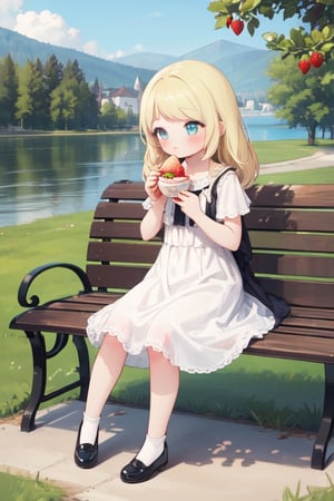 Masterpiece, highest quality, high brightness, 1girl , blonde  hair, long hair, hair ornament, nice dress, cute, masterpiece, eating strawberry shortcake, sitting, bench, nice park and lake background