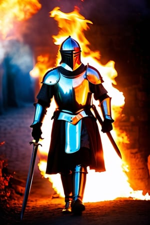 Cinematic portrait of a medieval knight walking through a fiery scene, glint of dying sunlight, full body shot, long exposure effect, flames, high contrast color palette ,more detail XL,photo r3al,fire element,composed of fire elements
