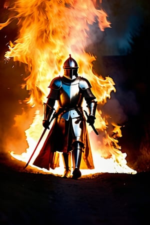 Cinematic portrait of a medieval knight walking through a fiery scene, glint of dying sunlight, full body shot, long exposure effect, flames, high contrast color palette ,more detail XL,photo r3al,fire element,composed of fire elements