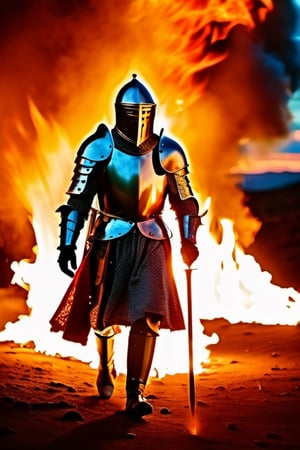 Cinematic portrait of a medieval knight walking through a fiery scene, glint of dying sunlight, full body shot, long exposure effect, flames, high contrast color palette ,more detail XL,photo r3al,fire element