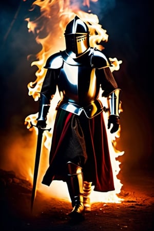 Cinematic portrait of a medieval knight walking through a fiery scene, glint of dying sunlight, full body shot, long exposure effect, flames, high contrast color palette ,more detail XL,photo r3al,fire element