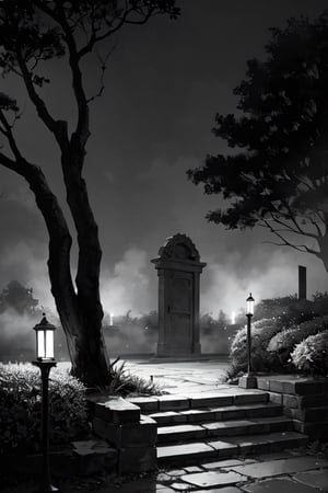 black and white photoreal night shot with lots of fog. Image of a stone staircase with steps slightly lit by candles leading to a gate. Fog, shrubs, leafless branches, gloomy and distressing environment, candlelight
,photorealistic