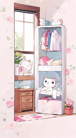 in the room childish design floral window white cat on bed wardrobe wallpaper