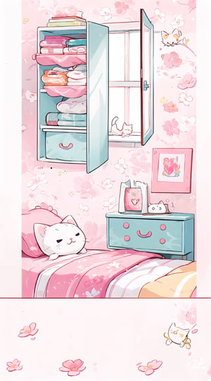 in the room childish design floral window white cat on bed wardrobe wallpaper