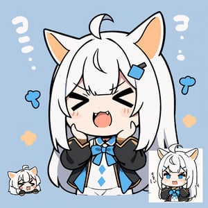 (chibi:1.3), masterpiece, made by a master, 4k, perfect anatomy, perfect details, best quality, high quality, lots of detail.
(solo),1girl, solo,  ((white hair)), very long hair, blue eyes, (straight hair), (bangs), animal ears, (stoat ears:1.2), Choker, ahoge, fangs, (big stoat Tail:1.2), (blue X hairpin), (White sleeveless collared dress, Two-piece dress, blue chest bow), (black hooded oversized jacket:1.2), (Off the shoulders),  single, (((>_<:1.4))), hands on face, (upper body) ,Emote Chibi. cute comic,simple background, flat color, Cute girl,dal,Chibi Style,lineart,comic book,