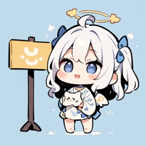  chibi, masterpiece, best quality, solo, 1girl, angel, white hair, long curly hair, (two side up), blue eyes, two blue bows on head, (Double golden halo on her head), choker, angel wings on back, ahoge, full body, cute smile, best smile, open mouth, Wearing blue and white dress, short pants, (Holding a huge stand sign), simple background,masterpiece,Chibi anime,doodle,cute comic,