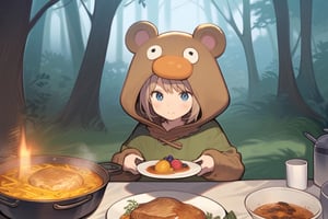 a girl, cute, wearing Muppet costume, cookng dinner, in forest,girl ,aesthetic