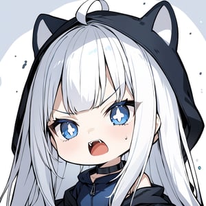 {{{masterpiece}}}, {{{best quality}}}, {{ultra-detailed}}, {beautiful detailed eyes},1girl, ((white hair)), very long hair, blue eyes, (straight hair), (bangs), animal ears, (stoat ears:1.2), Choker, ahoge, fangs, (big stoat Tail:1.2), 
(White sleeveless collared dress, blue chest bow), (black hooded oversized jacket:1.2), (Off the shoulders), Soot hair, twin drills hair, Soot eyes, closed eyes, angry, upper body, Soot suit,chibi emote style,chibi,emote