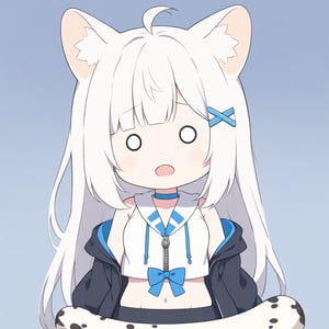 (chibi:1.3), masterpiece, made by a master, 4k, perfect anatomy, perfect details, best quality, high quality, lots of detail.
(solo),1girl, solo,  ((white hair)), very long hair, blue eyes, (straight hair), (bangs), animal ears, (stoat ears:1.2), Choker, ahoge, fangs, (big stoat Tail:1.2), (blue X hairpin), (White sleeveless collared dress, (midriff), blue chest bow), (black hooded oversized jacket:1.2), (jacket half unzipped), (Off the shoulders),  single, (((O_O:1.4))), (upper body) ,Emote Chibi. cute comic,simple background, flat color, Cute girl,dal,Chibi Style,lineart,comic book,
