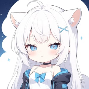 (chibi style), {{{masterpiece}}}, {{{best quality}}}, {{ultra-detailed}}, {beautiful detailed eyes},1girl, solo,  ((white hair)), very long hair, blue eyes, (straight hair), (bangs), animal ears, (stoat ears:1.2), Choker, ahoge, fangs, (big stoat Tail:1.2), (X hairpin), (White sleeveless collared dress, blue chest bow), (black hooded oversized jacket:1.2), (Off the shoulders), (crying), ((closed eyes)), (T.T), (closed mouth), upper body,chibi emote style,chibi,emote, cute,comic book,