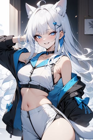 a lovely woman,Blue Clear Eyes, solo,  ((white hair)), very long hair, blue eyes, (straight hair), (bangs), animal ears, (stoat ears:1.2),
 Choker, ahoge, fangs, (big stoat Tail:1.2), (blue X hairpin), (White sleeveless collared dress, (midriff), blue chest bow), 
(black hooded oversized jacket:1.2), (jacket zipper half unzipped), (Off the shoulders), lang hair,grin,straight bangs,ahoge,masterpiece, best quality, aesthetic,hairpin,Eyes,Beautiful eyes