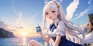  (Best Picture Quality, High Quality, Best Picture Score: 1.3), , Perfect Beauty Score: 1.5, long hair, 1girl, solo, angel, ((white hair)), long curly hair, blue eyes, two blue ribbons on her hair, (Double golden halo on her head), (angel wings), (cute outfit), summer clothing, beautiful, cute, best smile, holding a cup of water, masterpiece, best quality,