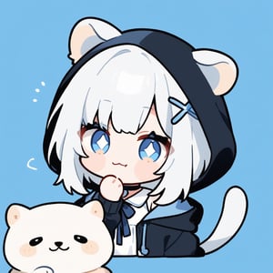 (chibi style), {{{masterpiece}}}, {{{best quality}}}, {{ultra-detailed}}, {beautiful detailed eyes},1girl, solo,  ((white hair)), very long hair, blue eyes, (straight hair), (bangs), animal ears, (stoat ears:1.2), Choker, ahoge, fangs, (big stoat Tail:1.2), (blue X hairpin), (White sleeveless collared dress, (Two-piece dress), (blue chest bow)), (black hooded oversized jacket:1.2), (Off the shoulders), (>.<), (smiling), (hands on face), upper body,chibi emote style,chibi,emote, cute,Emote Chibi,anime,cute comic,flat style