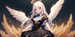  (Best Picture Quality, High Quality, Best Picture Score: 1.3), , Perfect Beauty Score: 1.5, long hair, 1girl, solo, angel, ((white hair)), long curly hair, blue eyes, (two blue ribbons on her hair), (Double golden halo on her head), (angel wings), (cute outfit), Red student uniform with bow on chest, mini skirt, Stand under the tree, beautiful, cute, best smile, masterpiece, best quality,aiming at viewer,
