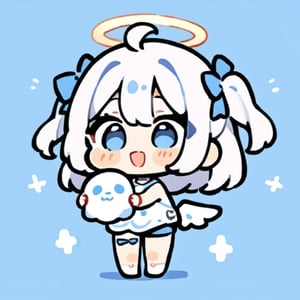  chibi, masterpiece, best quality, solo, 1girl, angel, white hair, long curly hair, (two side up), blue eyes, two blue bows on head, (Double golden halo on her head), choker, angel wings on back, ahoge, full body, cute smile, best smile, open mouth, Wearing blue and white dress, short pants, (Holding a huge stand sign), simple background,masterpiece,Chibi anime,doodle,cute comic,cutegirlmix