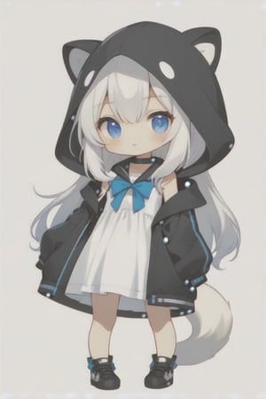 (chibi style),1girl, solo,  ((white hair)), very long hair, blue eyes, (straight hair), (bangs), animal ears, (stoat ears:1.2), Choker, ahoge, fangs, (big stoat Tail:1.2), 
(White sleeveless collared dress, blue chest bow), (black hooded oversized jacket:1.2), (Off the shoulders), looking at viewer, simple background, shirt,, white background, upper body, anime ,Anime ,girl ,cute comic,Anime style