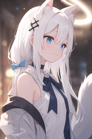 1girl, solo,  ((white hair)), very long hair, blue eyes, (straight hair), (bangs), animal ears, (stoat ears:1.2), Choker, ahoge, fangs, (big stoat Tail:1.2), (blue X hairpin), (White sleeveless collared dress, Two-piece dress, blue chest bow), (black hooded oversized jacket:1.2), (Off the shoulders), hair ornament, hair between eyes, dress, closed mouth, upper body, blurry, from side, looking to the side, depth of field, blurry background, halo, light particles, 