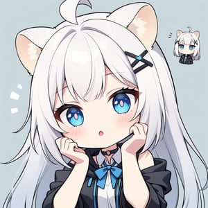 (chibi style), {{{masterpiece}}}, {{{best quality}}}, {{ultra-detailed}}, {beautiful detailed eyes},1girl, solo,  ((white hair)), very long hair, blue eyes, (straight hair), (bangs), animal ears, (stoat ears:1.2), Choker, ahoge, fangs, (big stoat Tail:1.2), (blue X hairpin), (White sleeveless collared dress, (Two-piece dress), (blue chest bow)), (black hooded oversized jacket:1.2), (Off the shoulders), 
(((>.<))), (hands on face), upper body,chibi emote style,chibi,emote, cute,Emote Chibi,,comic book,cutechibiprofile
