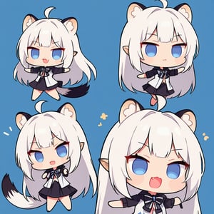 chibi, masterpiece, made by a master, 4k, perfect anatomy, perfect details, best quality, high quality, lots of detail.
(solo),1girl, ((white hair)), very long hair, blue eyes, (straight hair), (bangs), animal ears, (stoat ears:1.2), ahoge, fang, (big stoat Tail:1.2), (White sleeveless two piece dress, chest bow), (black hooded jacket,), black skirt, dancing, single, looking at viewer, (happy), (chuckle), (full body) ,Emote Chibi. cute comic,simple background, flat color, Cute girl,Chibi Style,chibi emote style,