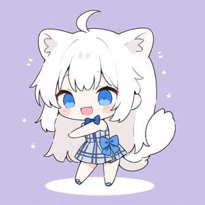 chibi, masterpiece, made by a master, 4k, perfect anatomy, perfect details, best quality, high quality, lots of detail.
(solo),1girl, ((white hair)), very long hair, blue eyes, (straight hair), (bangs), (stoat ears:1.2), ahoge, fang, (big stoat Tail:1.2), (plaid dress, chest bow), dancing, single, looking at viewer, (happy), (chuckle), (full body) ,Emote Chibi. cute comic,simple background, flat color, Cute girl,Chibi Style,chibi emote style,cute comic
