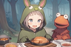 a girl, cute, wearing Muppet costume, cookng dinner, in forest,girl ,aesthetic
