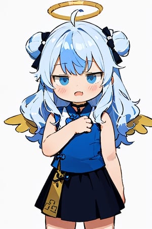 cute, (masterpiece), (best quality), thin, Flatchested, 1girl, angel, ((white hair)), long curly hair, (two side up), blue eyes,  (curly hair:1.2), (wavy hair), (hair curls)
, (bangs), (two side up), two blue hair ties on head, (Double golden halo on her head), bowtie choker, angel wings, ahoge, fang, solo, (bun hair) , fantai12, (black skirt), (pink cheongsam), (messy hair),fantai12, expression,female,best quality,masterpiece