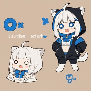 (chibi:1.3), masterpiece, made by a master, 4k, perfect anatomy, perfect details, best quality, high quality, lots of detail.
(solo),1girl, solo,  ((white hair)), very long hair, blue eyes, (straight hair), (bangs), animal ears, (stoat ears:1.2), Choker, ahoge, fangs, (big stoat Tail:1.2), (blue X hairpin), (White sleeveless collared dress, (midriff), blue chest bow), (black hooded oversized jacket:1.2), (jacket half unzipped), (Off the shoulders),  single, (((O_O:1.4))), shock, (upper body) ,Emote Chibi. cute comic,simple background, flat color, Cute girl,dal,Chibi Style,lineart,comic book,