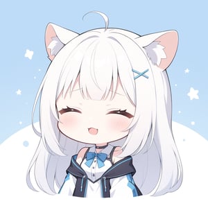 (chibi style), {{{masterpiece}}}, {{{best quality}}}, {{ultra-detailed}}, {beautiful detailed eyes},1girl, solo,  ((white hair)), very long hair, blue eyes, (straight hair), (bangs), animal ears, (stoat ears:1.2), Choker, ahoge, fangs, (big stoat Tail:1.2), (X hairpin), (White sleeveless collared dress, blue chest bow), (black hooded oversized jacket:1.2), (Off the shoulders), (sad), ((closed eyes)), (T.T), upper body,chibi emote style,chibi,emote, cute,comic book,
