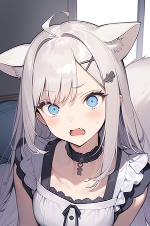  {{{masterpiece}}}, {{{best quality}}}, {{ultra-detailed}}, {beautiful detailed eyes}, 1girl, solo,  ((white hair:1.2)), very long hair, blue eyes, (straight hair), (bangs), animal ears, (stoat ears:1.2), Choker, ahoge, fang, (big stoat Tail:1.2), (blue X hairpin), (cute maid outfit), shocked ,girl ,aesthetic,Eyes