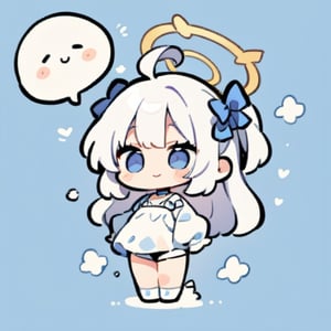  chibi, masterpiece, best quality, solo, 1girl, angel, white hair, long curly hair, (two side up), blue eyes, two blue bows on head, (Double golden halo on her head), choker, angel wings on back, ahoge, full body, cute smile, best smile, open mouth, Wearing blue and white dress, short pants, (a huge Blank stand), simple background,masterpiece,Chibi anime,doodle,cute comic,