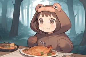a girl, cute, wearing Muppet costume, eatting dinner, in forest,girl ,aesthetic