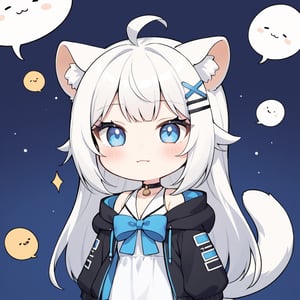(chibi style), {{{masterpiece}}}, {{{best quality}}}, {{ultra-detailed}}, {beautiful detailed eyes},1girl, solo,  ((white hair)), very long hair, blue eyes, (straight hair), (bangs), animal ears, (stoat ears:1.2), Choker, ahoge, fangs, (big stoat Tail:1.2), (X hairpin), (White sleeveless collared dress, blue chest bow), (black hooded oversized jacket:1.2), (Off the shoulders), ((closed eyes:1.2)), (T.T), (closed mouth), upper body,chibi emote style,chibi,emote, cute,comic book,
