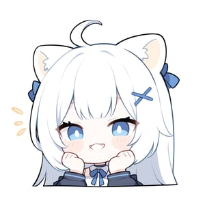 (chibi style), {{{masterpiece}}}, {{{best quality}}}, {{ultra-detailed}}, {beautiful detailed eyes},1girl, solo,  ((white hair)), very long hair, blue eyes, (straight hair), (bangs), animal ears, (stoat ears:1.2), Choker, ahoge, fangs, (big stoat Tail:1.2), (blue X hairpin), (White sleeveless collared dress, (Two-piece dress), (blue chest bow)), (black hooded oversized jacket:1.2), (Off the shoulders), (>.<), (smiling), (hands on face), upper body,chibi emote style,chibi,emote, cute,Emote Chibi,anime,cute comic,cutechibiprofile