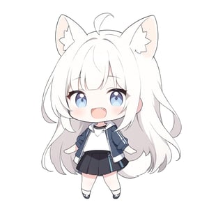 chibi, masterpiece, made by a master, 4k, perfect anatomy, perfect details, best quality, high quality, lots of detail.
(solo),1girl, ((white hair)), very long hair, blue eyes, (straight hair), (bangs), animal ears, (stoat ears:1.2), ahoge, fang, (big stoat Tail:1.2), (White sleeveless top, chest bow), (black hooded jacket,), black skirt, dancing, single, looking at viewer, (happy), (chuckle), (full body) ,Emote Chibi. cute comic,simple background, flat color, Cute girl,Chibi Style,chibi emote style, chibi style