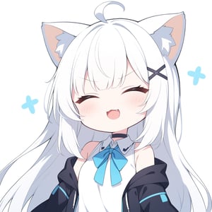 {{{masterpiece}}}, {{{best quality}}}, {{ultra-detailed}}, {beautiful detailed eyes},1girl, solo,  ((white hair)), very long hair, blue eyes, (straight hair), (bangs), animal ears, (stoat ears:1.2), Choker, ahoge, fangs, (big stoat Tail:1.2), (X hairpin), (White sleeveless collared dress, blue chest bow), (black hooded oversized jacket:1.2), (Off the shoulders), ((closed eyes)), angry, upper body,chibi emote style,chibi,emote,