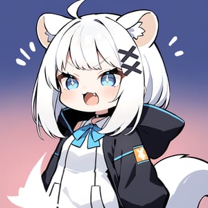 {{{masterpiece}}}, {{{best quality}}}, {{ultra-detailed}}, {beautiful detailed eyes},1girl, solo,  ((white hair)), very long hair, blue eyes, (straight hair), (bangs), animal ears, (stoat ears:1.2), Choker, ahoge, fangs, (big stoat Tail:1.2), (X hairpin), (White sleeveless collared dress, blue chest bow), (black hooded oversized jacket:1.2), (Off the shoulders),  Soot hair, twin drills hair, Soot eyes, ((closed eyes)), angry, upper body, Soot suit,chibi emote style,chibi,emote