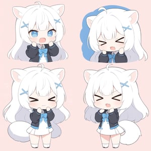 (chibi:1.3), masterpiece, made by a master, 4k, perfect anatomy, perfect details, best quality, high quality, lots of detail.
(solo),1girl, solo,  ((white hair)), very long hair, blue eyes, (straight hair), (bangs), animal ears, (stoat ears:1.2), Choker, ahoge, fangs, (big stoat Tail:1.2), (blue X hairpin), (White sleeveless collared dress, Two-piece dress, blue chest bow), (black hooded oversized jacket:1.2), (Off the shoulders),  single, (((>_<:1.4))), hands on face, (upper body) ,Emote Chibi. cute comic,simple background, flat color, Cute girl,dal,Chibi Style,lineart,comic book,