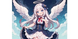  (Best Picture Quality, High Quality, Best Picture Score: 1.3), , Perfect Beauty Score: 1.5, long hair, 1girl, solo, angel, ((white hair)), long curly hair, blue eyes, (two blue ribbons on her hair), (Double golden halo on her head), (angel wings), (cute outfit), Red student uniform with bow on chest, mini skirt, Stand under the tree, beautiful, cute, best smile, masterpiece, best quality,aiming at viewer,