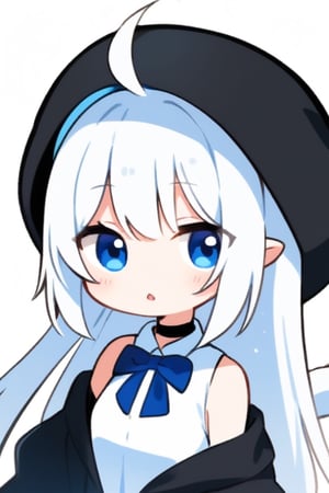 (chibi style),1girl, solo,  ((white hair)), very long hair, blue eyes, (straight hair), (bangs), animal ears, (stoat ears:1.2), Choker, ahoge, fangs, (big stoat Tail:1.2), 
(White sleeveless collared dress, blue chest bow), (black hooded oversized jacket:1.2), (Off the shoulders), looking at viewer, simple background, shirt,, white background, upper body, anime ,Anime ,girl ,cute comic,score_9