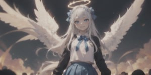  (Best Picture Quality, High Quality, Best Picture Score: 1.3), , Perfect Beauty Score: 1.5, long hair, 1girl, solo, angel, ((white hair)), long curly hair, blue eyes, (two blue ribbons on her hair), (Double golden halo on her head), (angel wings), (cute outfit), Red Long -sleeved student uniform with bow on chest, mini skirt, killer's pose, beautiful, cute, best smile, masterpiece, best quality,aiming at viewer,
