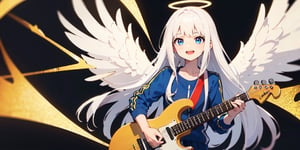  (Best Picture Quality, High Quality, Best Picture Score: 1.3), , Perfect Beauty Score: 1.5, long hair, 1girl, solo, angel, ((white hair)), long curly hair, blue eyes, (two blue ribbons on her hair), (Double golden halo on her head), (angel wings), (cute outfit), Wearing sportswear suit, playing electric guitar, beautiful, cute, best smile, masterpiece, best quality,masterpiece