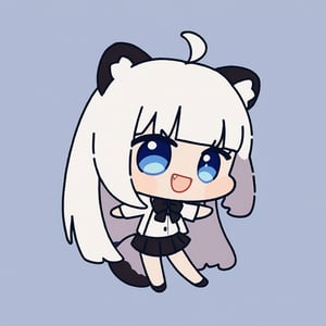 chibi, masterpiece, made by a master, 4k, perfect anatomy, perfect details, best quality, high quality, lots of detail.
(solo),1girl, ((white hair)), very long hair, blue eyes, (straight hair), (bangs), animal ears, (stoat ears:1.2), ahoge, fang, (big stoat Tail:1.2), (White sleeveless two piece dress, chest bow), (black hooded jacket,), black skirt, dancing, single, looking at viewer, (happy), (chuckle), (full body) ,Emote Chibi. cute comic,simple background, flat color, Cute girl,Chibi Style,chibi emote style,cute