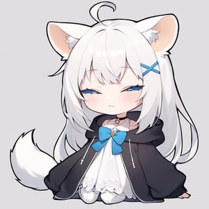 (chibi style), {{{masterpiece}}}, {{{best quality}}}, {{ultra-detailed}}, {beautiful detailed eyes},1girl, solo,  ((white hair)), very long hair, blue eyes, (straight hair), (bangs), animal ears, (stoat ears:1.2), Choker, ahoge, fangs, (big stoat Tail:1.2), (X hairpin), (White sleeveless collared dress, blue chest bow), (black hooded oversized jacket:1.2), (Off the shoulders), ((closed eyes:1.2)), (T.T), (closed mouth), upper body,chibi emote style,chibi,emote, cute,