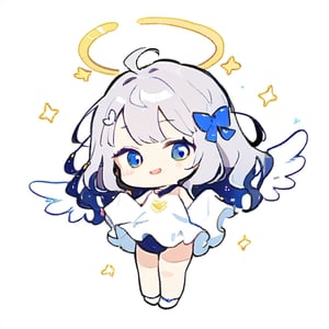  chibi, masterpiece, best quality, solo, 1girl, angel, white hair, long curly hair, (two side up), blue eyes, two blue bows on head, (Double golden halo on her head), choker, angel wings on back, ahoge, full body, cute smile, best smile, open mouth, Wearing blue and white dress, short pants, (a huge Blank stand), simple background,masterpiece,Chibi anime,doodle,cute comic,Line Chibi yellow