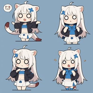 (chibi:1.3), masterpiece, made by a master, 4k, perfect anatomy, perfect details, best quality, high quality, lots of detail.
(solo),1girl, solo,  ((white hair)), very long hair, blue eyes, (straight hair), (bangs), animal ears, (stoat ears:1.2), Choker, ahoge, fangs, (big stoat Tail:1.2), (blue X hairpin), (White sleeveless collared dress, (midriff), blue chest bow), (black hooded oversized jacket:1.2), (jacket half unzipped), (Off the shoulders),  single, (((O_O:1.4))), shock, (upper body) ,Emote Chibi. cute comic,simple background, flat color, Cute girl,dal,Chibi Style,lineart,comic book,